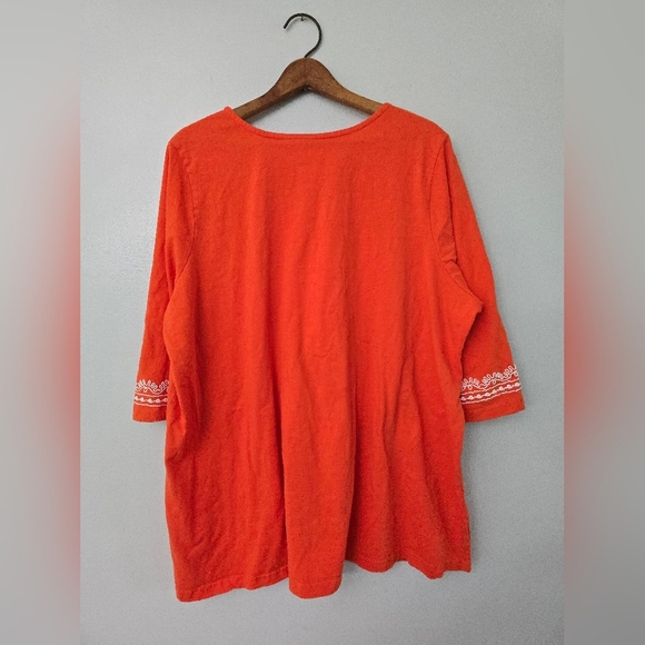 Woman Within 2X Tunic Top Embroidered Boho Scoop Neck Orange Elbow Sleeve Flowy - Picture 7 of 11